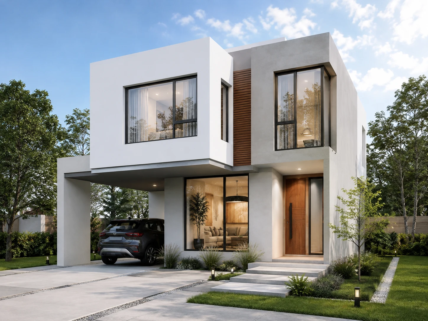 MOD-100, vivienda moderna de 100 metros cuadrados en dos niveles con cochera